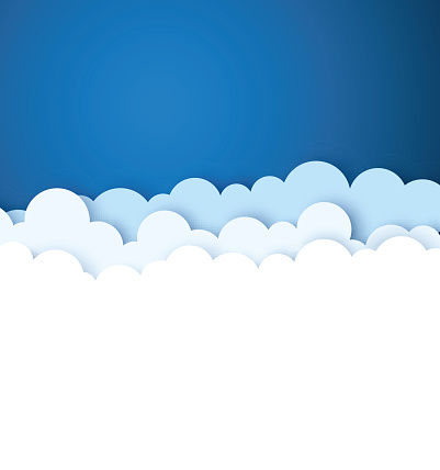 Blue sky with white paper decorative clouds. Paper cut style. Vector background.