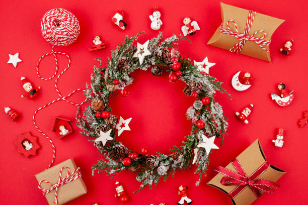 istock Flat lay with bright christmas decoration. New year celebration and christmas concept 1056473936