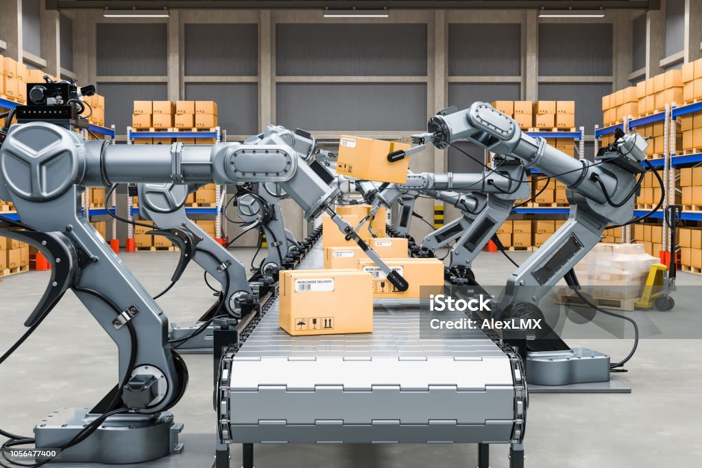 Automatic warehouse with robotic arms, 3D rendering Robot Stock Photo