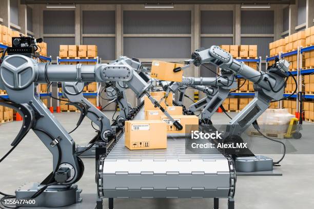 Automatic Warehouse With Robotic Arms 3d Rendering Stock Photo - Download Image Now