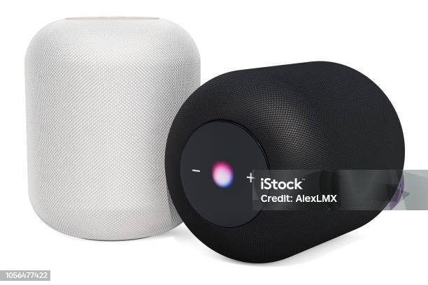Black And White Smart Speakers 3d Rendering Isolated On White Background Stock Photo - Download Image Now