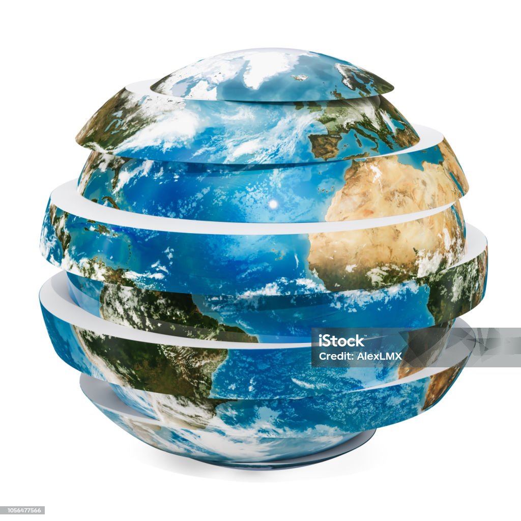 Sliced Earth Globe, 3D rendering isolated on white background Sliced Earth Globe, 3D rendering isolated on white background. The source of the map - https://svs.gsfc.nasa.gov/3615 Globe - Navigational Equipment Stock Photo