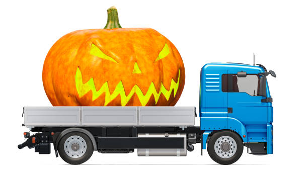 concept d’halloween. camion avec halloween citrouille, 3d rendu isolé sur fond blanc - halloween pumpkin jack olantern industry photos et images de collection