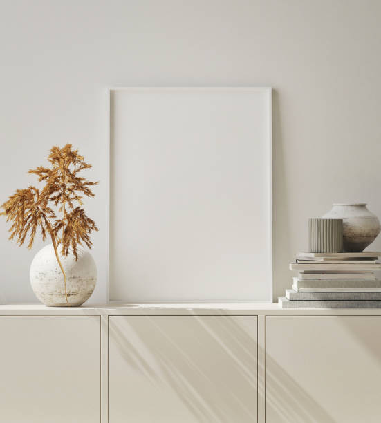 istock mock up poster frame in modern interior background,  living room, Scandinavian style, 3D render 1056485414