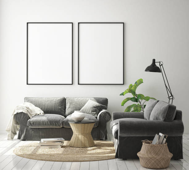 istock mock up poster frame in modern interior background,  living room, Scandinavian style, 3D render 1056485426