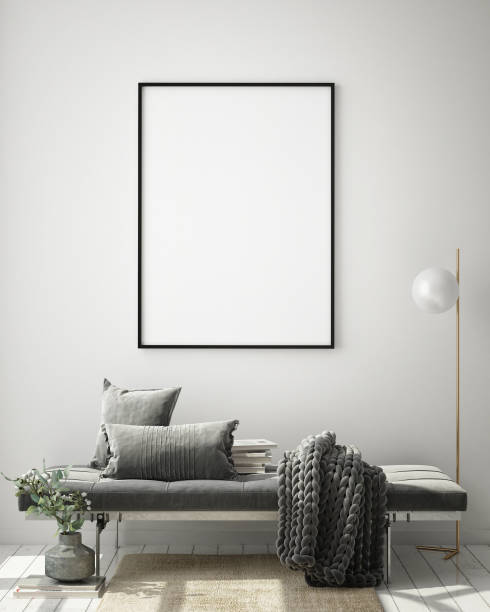 istock mock up poster frame in modern interior background,  living room, Scandinavian style, 3D render 1056485428