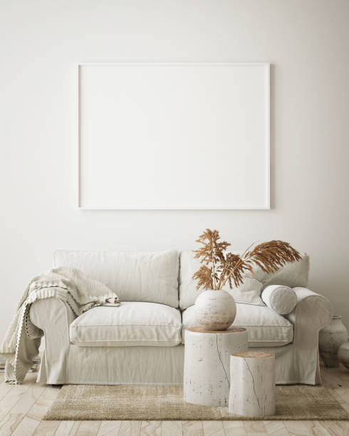 istock mock up poster frame in modern interior background,  living room, Scandinavian style, 3D render 1056485436