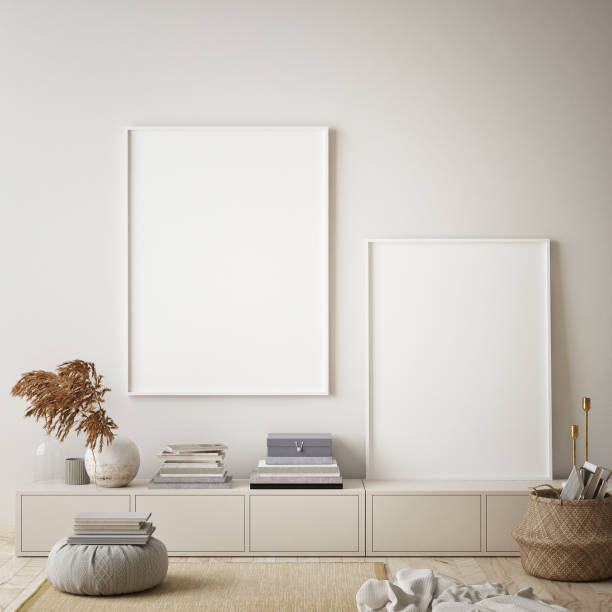 istock mock up poster frame in modern interior background,  living room, Scandinavian style, 3D render 1056485442