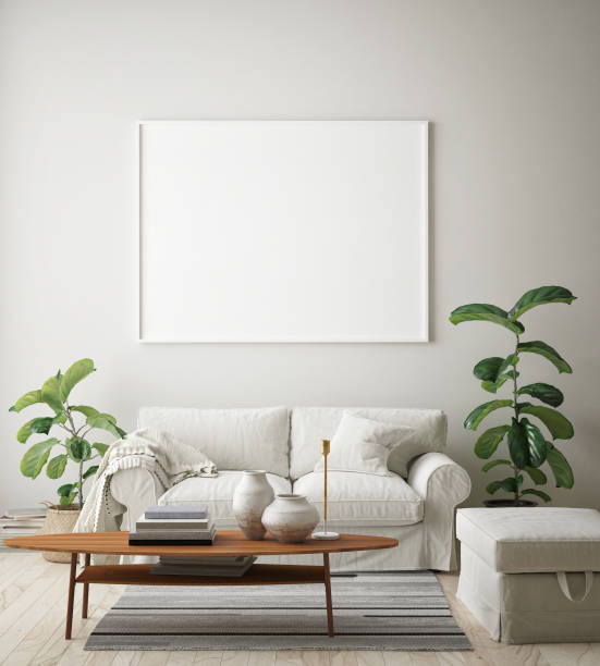 istock mock up poster frame in modern interior background,  living room, Scandinavian style, 3D render 1056485466