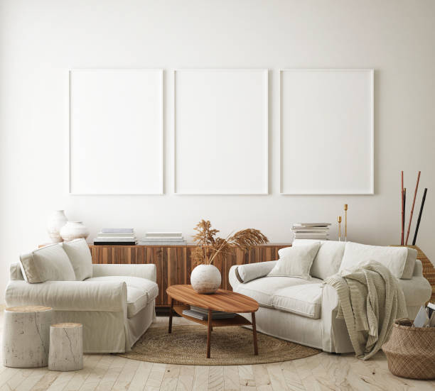 istock mock up poster frame in modern interior background,  living room, Scandinavian style, 3D render 1056485474