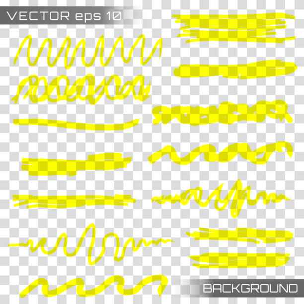 highlight marker  vector Highlight brush underline hand drawn strokes set. Creative vector illustration of stain strokes, hand drawn yellow highlight japan marker lines, brushes stripes isolated on transparent background. accipiter striatus stock illustrations