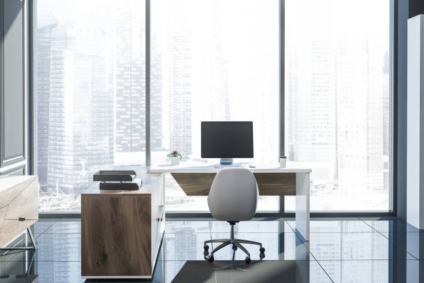 istock Gray panoramic manager office, wooden desk 1056486368