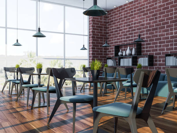 istock Brick hipster cafe interior, bookshelves 1056488160