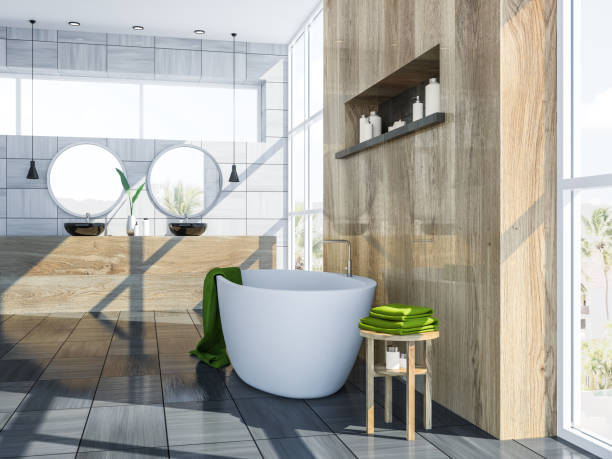 istock Gray Scandinavian bathroom interior, tub and sink 1056491722