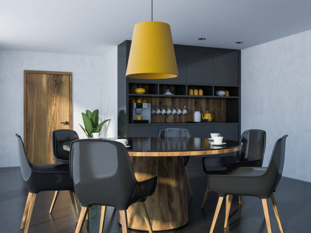 istock Cozy black and wooden dining room corner 1056491730