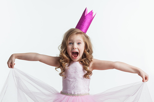 Beautiful little princess girl in crown and pink dress isolated on white background
