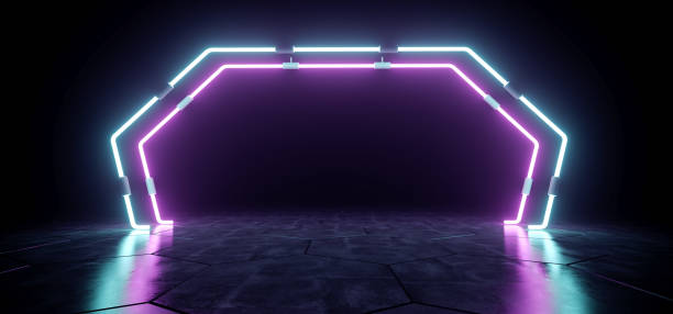 istock Dark Modern Futuristic Alien Reflective Empty Room With Purple And Blue Neon Glowing Light Tubes Background Grunge Concrete Floor 3D Rendering 1056494302