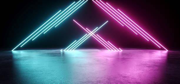 istock Dark Modern Futuristic Alien Reflective Empty Room With Purple And Blue Triangle Shaped Neon Glowing Light Tubes Background Grunge Concrete Floor 3D Rendering 1056494658