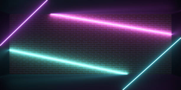 istock Modern Empty Sci Fi Futuristic Neon Light Tubes Glowing Purple And Blue On Brick Wall In Dark Room 3D Rendering 1056494726