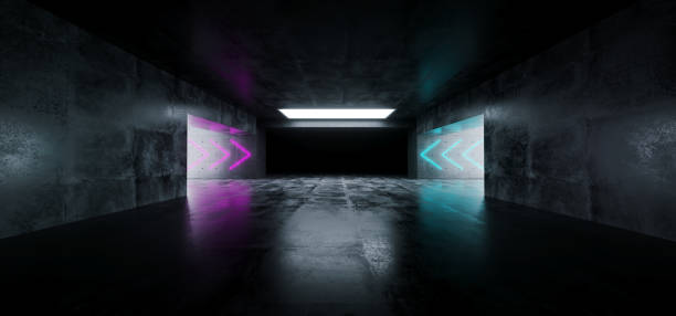 istock Modern Futuristic Sci Fi Empty Grunge Concrete Reflective Garage Tunnel Underground Room With Arrow Shaped Neon Purple And Blue Lights 3D Rendering 1056494736