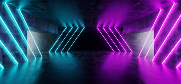 istock Modern Futuristic Underground Reflective Concrete Garage Empty Room With Purple And Blue Neon Glowing Lights Background 3D Rendering 1056494798