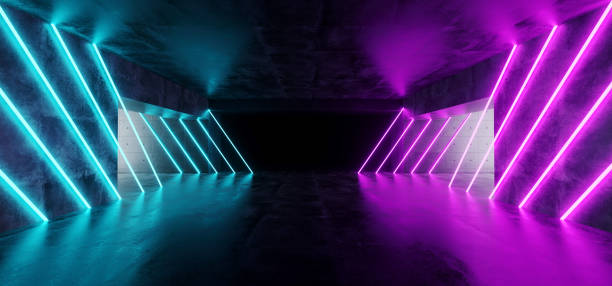 istock Modern Futuristic Underground Reflective Concrete Garage Empty Room With Purple And Blue Neon Glowing Lights Background 3D Rendering 1056494812