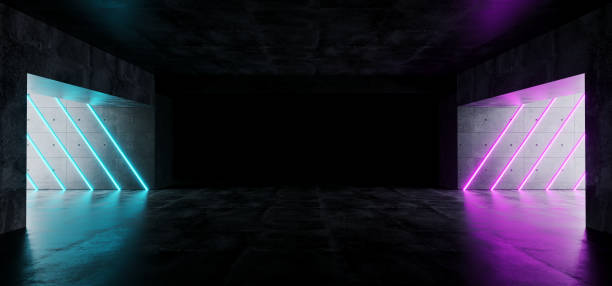 istock Modern Futuristic Underground Reflective Concrete Garage Empty Room With Purple And Blue Neon Glowing Lights Background 3D Rendering 1056494890