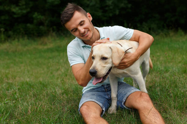 istock Young man with his friend - dog labrador 1056498062