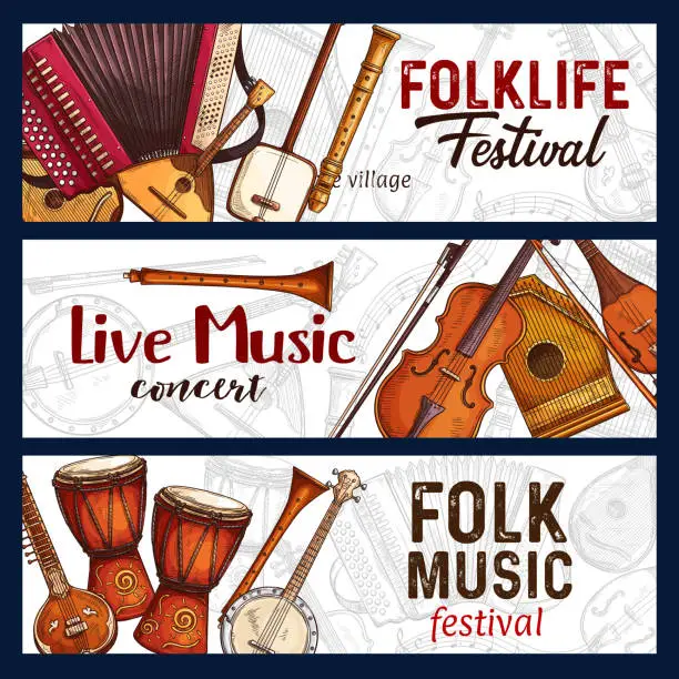 Vector illustration of Folk music festival. Musical instruments sketch