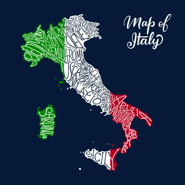 Vector illustration of Italy regions map in vector sketch lettering
