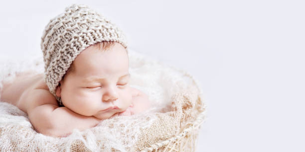Sweet newborn baby sleeps.  Newborn boy folded handles  in a basket. Copy space stock photo