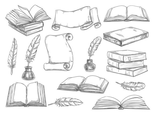 Retro books and literature quills vector sketch Old vintage books, retro ink quill pens and manuscripts sketch icons. Vector isolated set vintage book, writer writing stationery and inkwell for literature or bookstore design scroll quill drawings stock illustrations