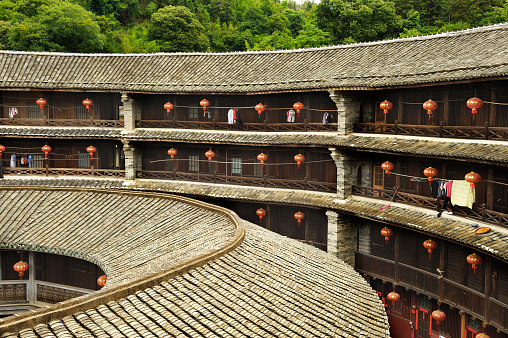 Tiled roofs of traditional Hakka Earthen houses in Fujian province, near Tulou,Xibei (China). Classified as World Unesco Heritage