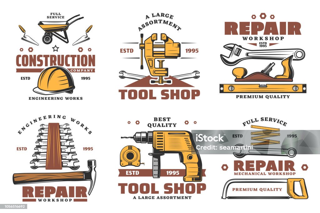 Repair and construction work tools vector sketch Home construction and repair tools sketch icons for house. Vector carpentry hammer or saw, screwdriver or bolts and nails, trowel and paint brush or woodwork electric drill Logo stock vector