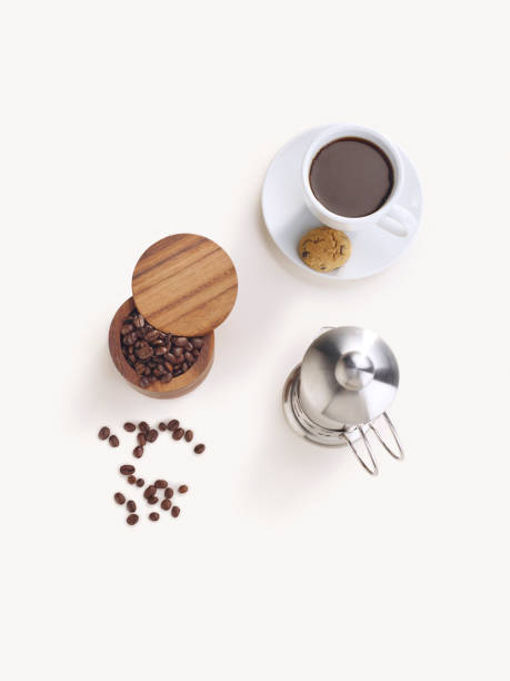 istock Morning coffee cup, beans, milk, top view. 1056521772
