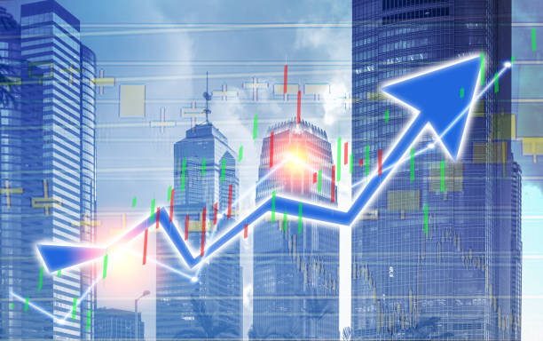 istock Composing with business building and stock chart (blue bull chart on background ) 1056531996