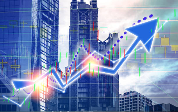 istock Composing with business building and stock chart (blue bull chart on background ) 1056532036