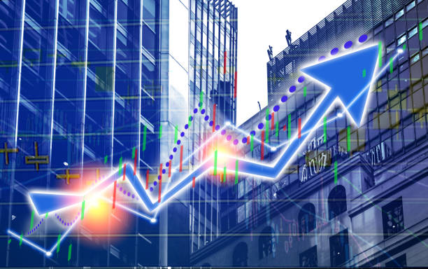 istock Composing with business building and stock chart (blue bull chart on background ) 1056532040