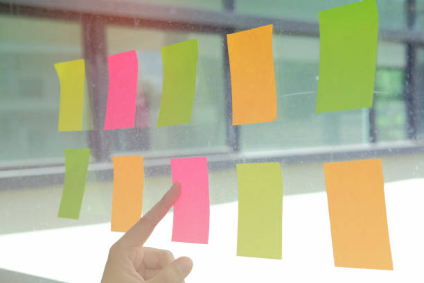 istock hand pointing at adhesive notes on glass wall. Sticky note paper reminder schedule for creative idea & business brainstorming 1056532498
