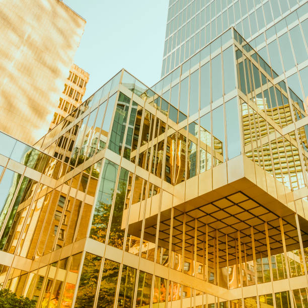 istock Autumn leaves reflecting on office building 1056533338