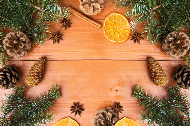 istock Christmas objects on a wooden table in the middle of the table, an empty space 1056537014