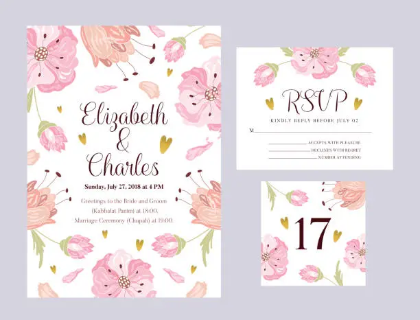 Vector illustration of Wedding invitation, rsvp card design with elegant flowers.