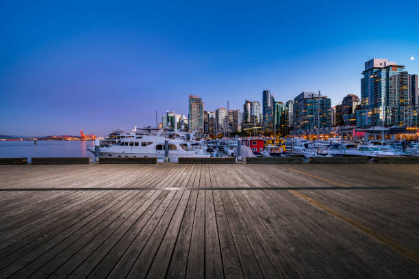 istock empty boardwalk front of Vancouver harbor with many yachts moored at 1056539092