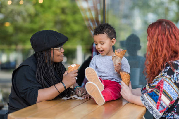 istock Two moms eat ice cream with their three-year old son 1056539406