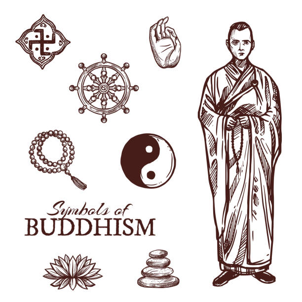 Buddhism religion symbols and vector sketch signs Buddhism religion sketch symbols. Vector icons of Buddha hand and Buddhist monastery monk with beads, Dharma wheel or Yin Yang and lotus flower, Zen stones and religious signs dieng plateau stock illustrations