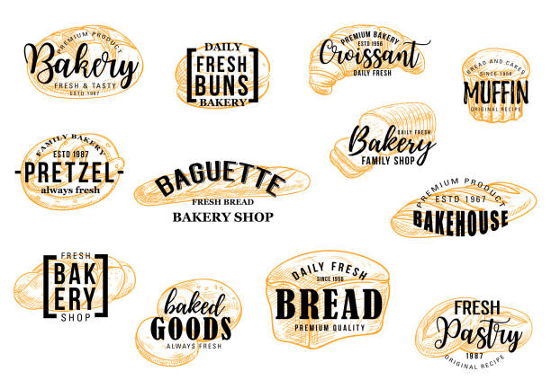 Bakery and pastry bread vector sketch lettering Bakery bread and pastry cakes lettering for baker shop. Vector sketch wheat buns, croissant and muffin dessert or pretzel and baguette for premium quality bakeshop or patisserie baked pastry item stock illustrations