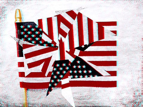 USA flag fractured in pieces over whole flag. Concept image for division and chaos in America.