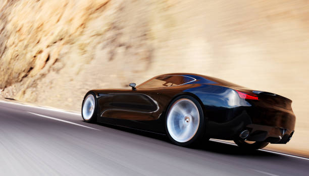 view from rear of fast moving car, motion blur,  3D, car of my own design.