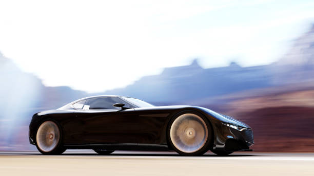 view from side of fast moving car, motion blur,  3D, car of my own design.