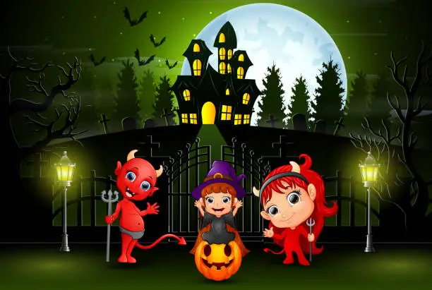 Vector illustration of Happy halloween kids outdoors with haunted house background